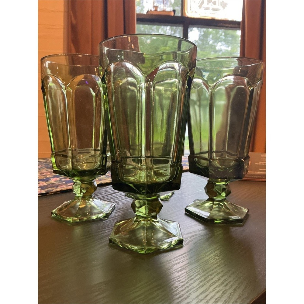 Set Of Four Vintage 7" Fostoria Virginia Green Water Wine Goblets